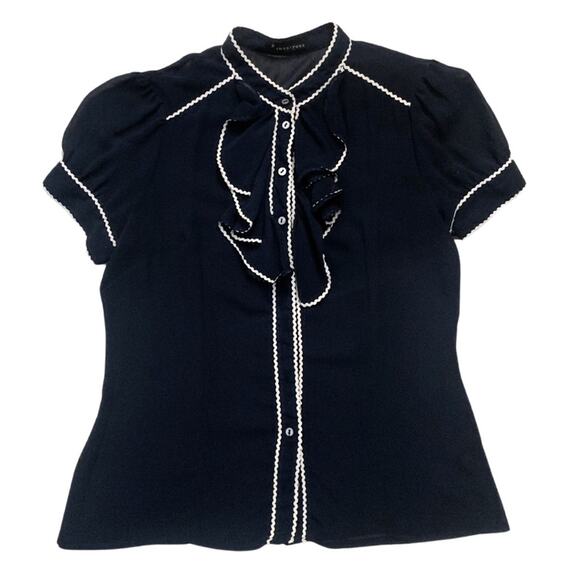 Navy Blue Ruffled Short Sleeve Top Blouse Small Button Down Office Career Retro - Picture 1 of 7